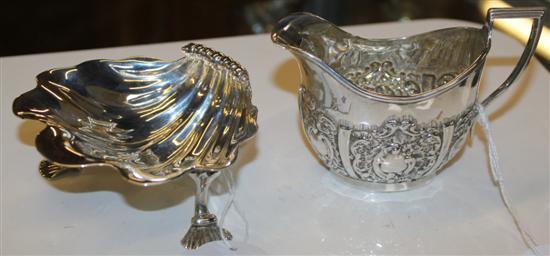 Victorian silver shell dish, 3 paw feet  & Edwardian embossed silver cream jug